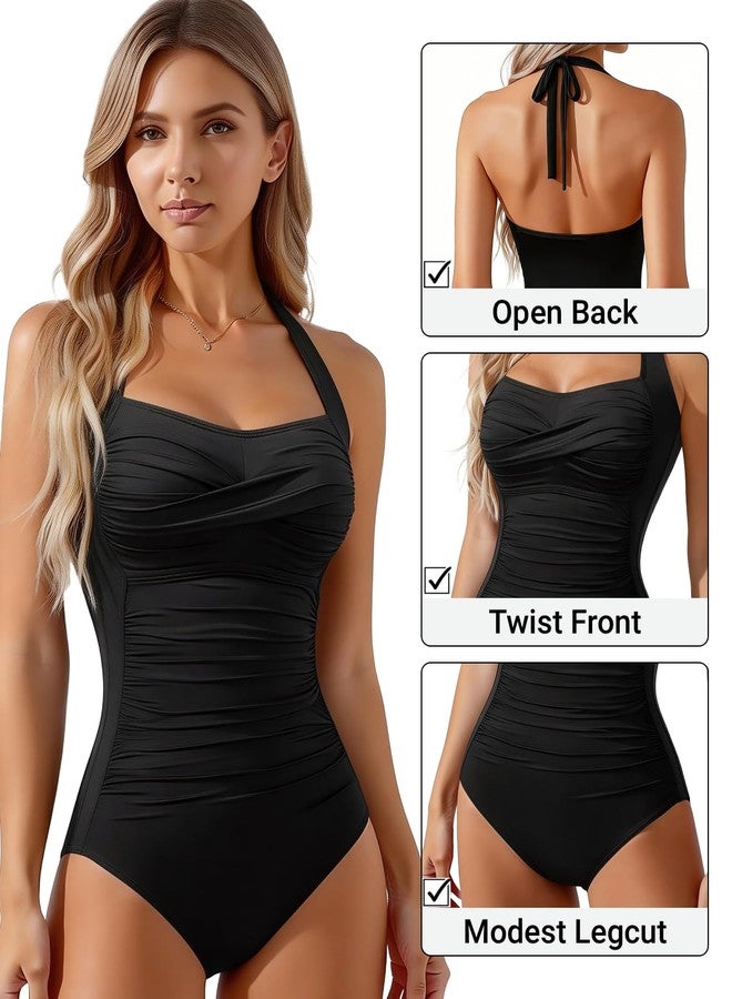 Tempt Me Women Black Tummy Control One Piece Swimsuits Push Up Slimming Bathing Suits Halter Vintage Swimwear M - Image 3